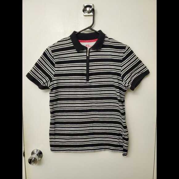 Coral Beach Black and White Striped Golf Shirt (s) - Picture 1 of 3